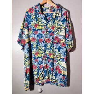 Disney Parks Hawaiian Shirt XXL Blue Floral Mickey Rayon Button Up